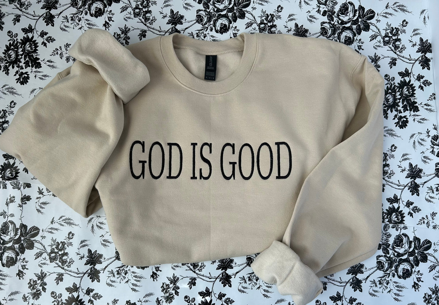 God Is Good Embroidered Soft Style Gildan Crewneck Sweatshirt