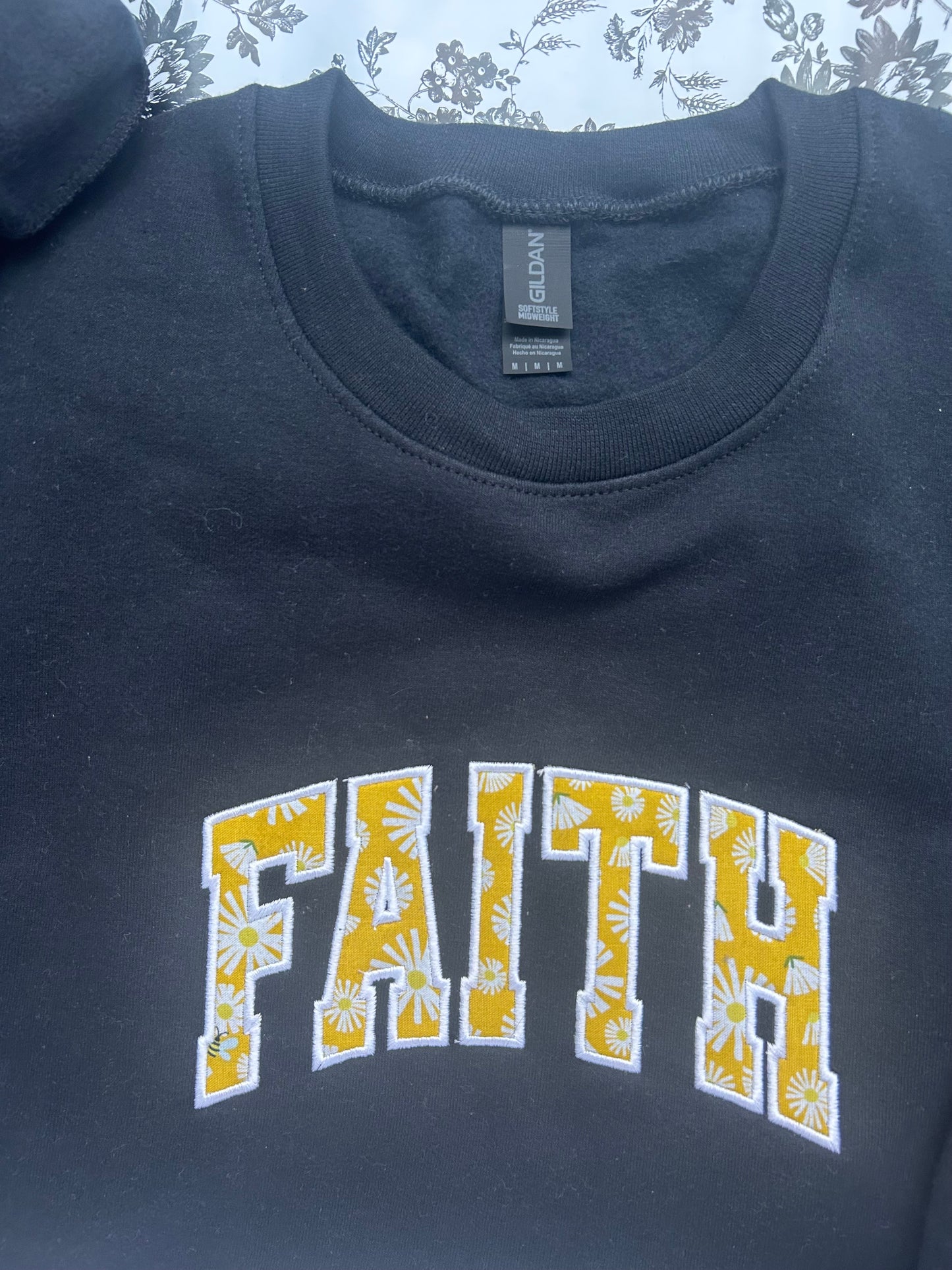 “FAITH” Yellow & White Applique Embroidered Soft Style Gildan Crewneck Sweatshirt
