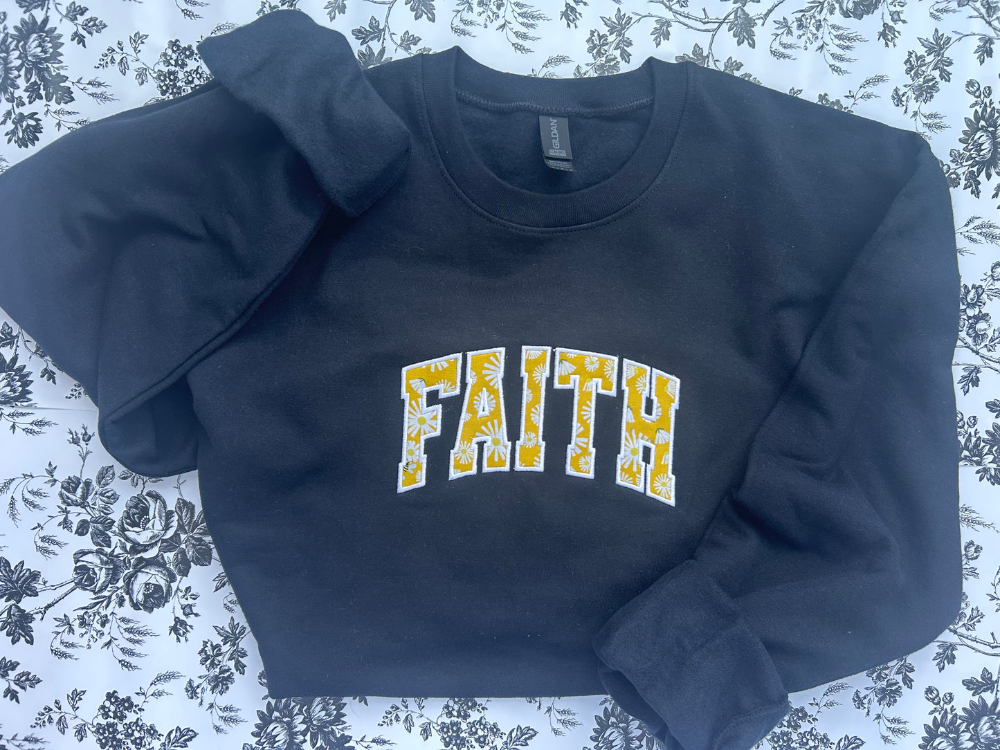 “FAITH” Yellow & White Applique Embroidered Soft Style Gildan Crewneck Sweatshirt