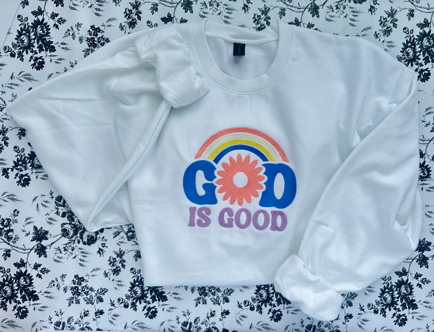 Retro God Is Good Embroidered Soft Style Gildan Crewneck Sweatshirt