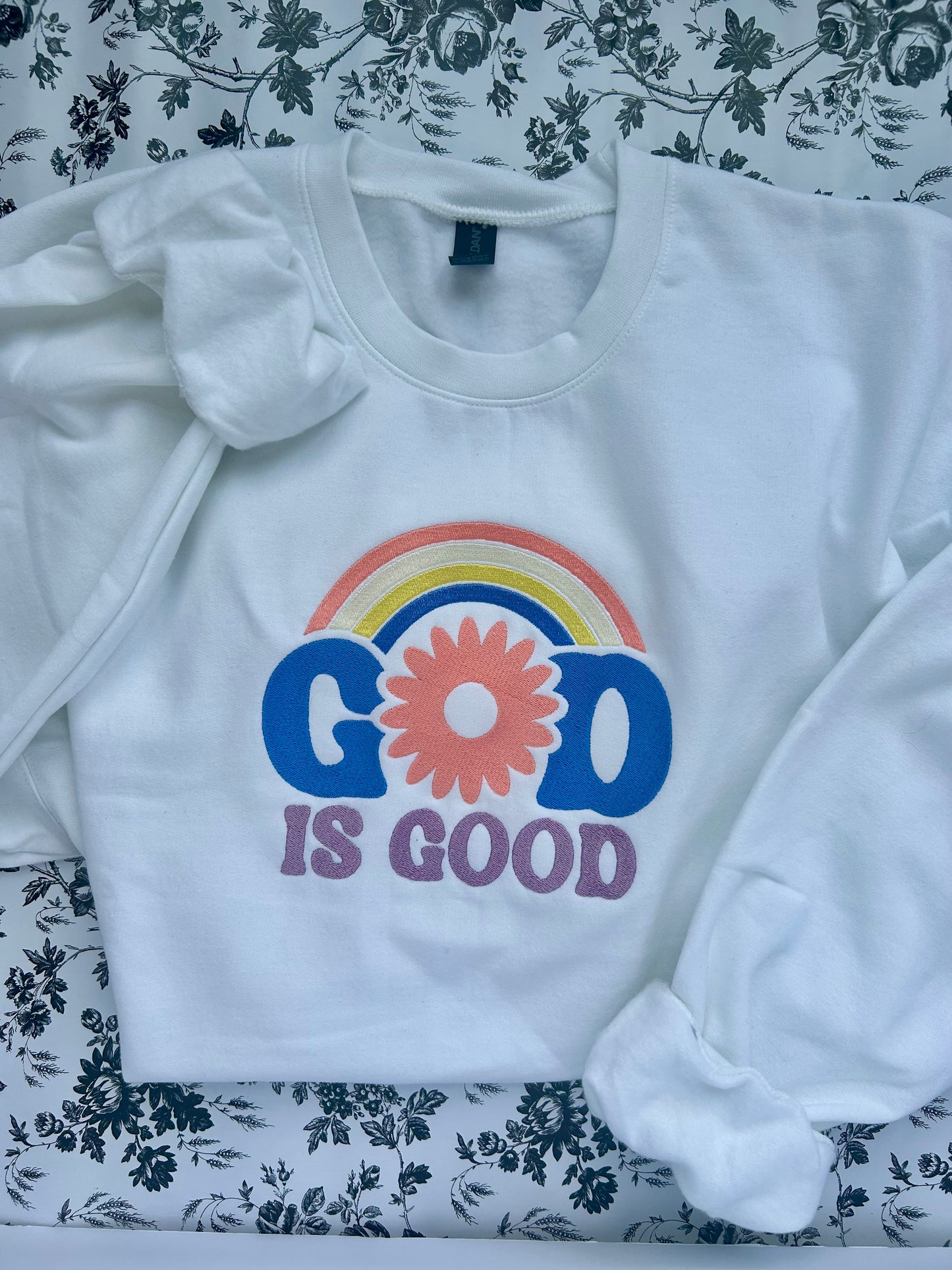 Retro God Is Good Embroidered Soft Style Gildan Crewneck Sweatshirt
