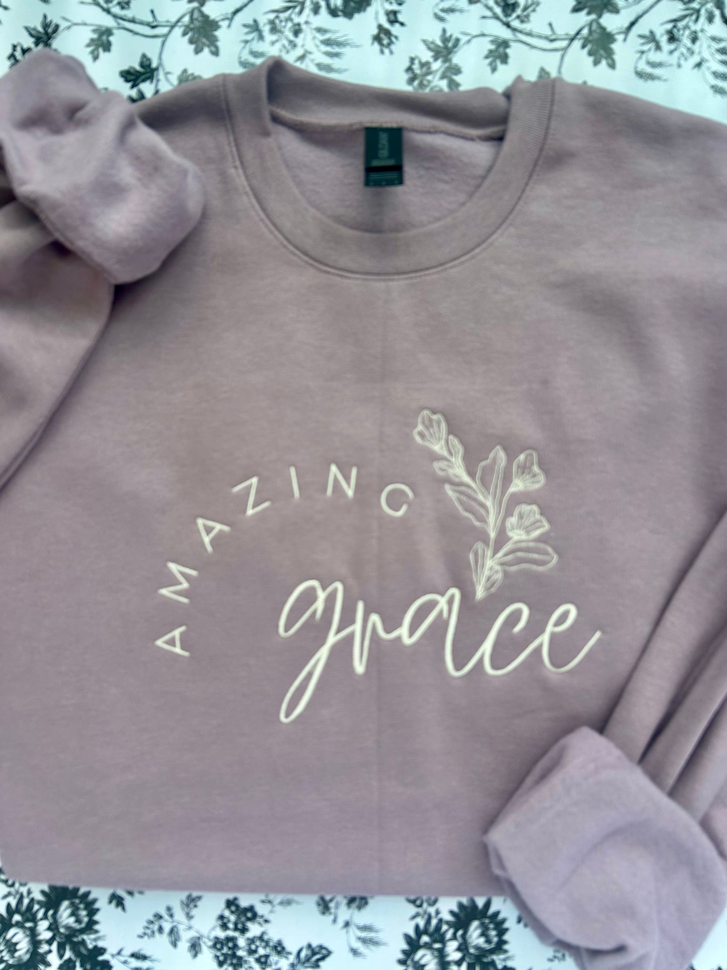 "Amazing Grace" Floral Embroidered Soft Style Gildan Crewneck Sweatshirt