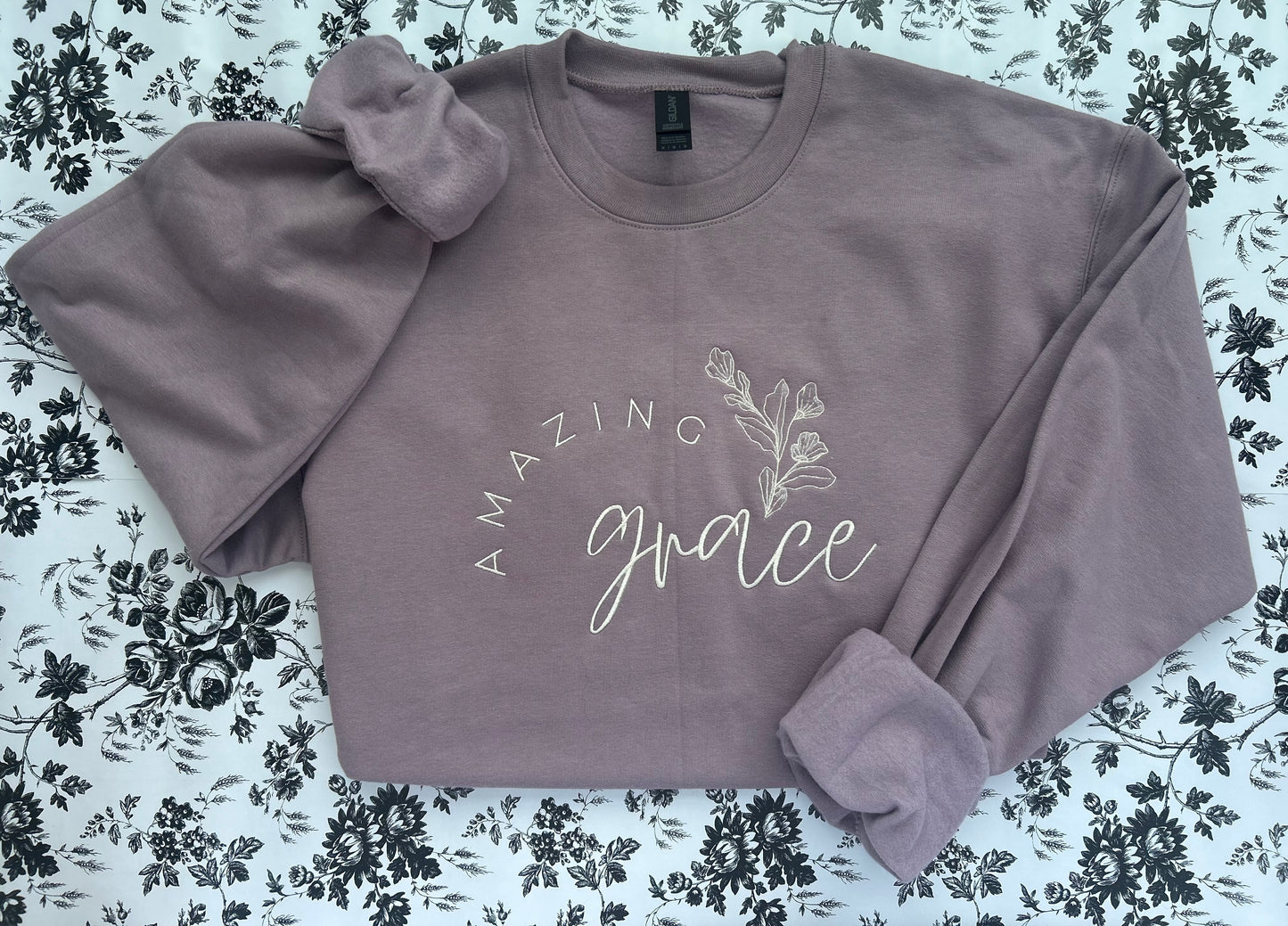 "Amazing Grace" Floral Embroidered Soft Style Gildan Crewneck Sweatshirt
