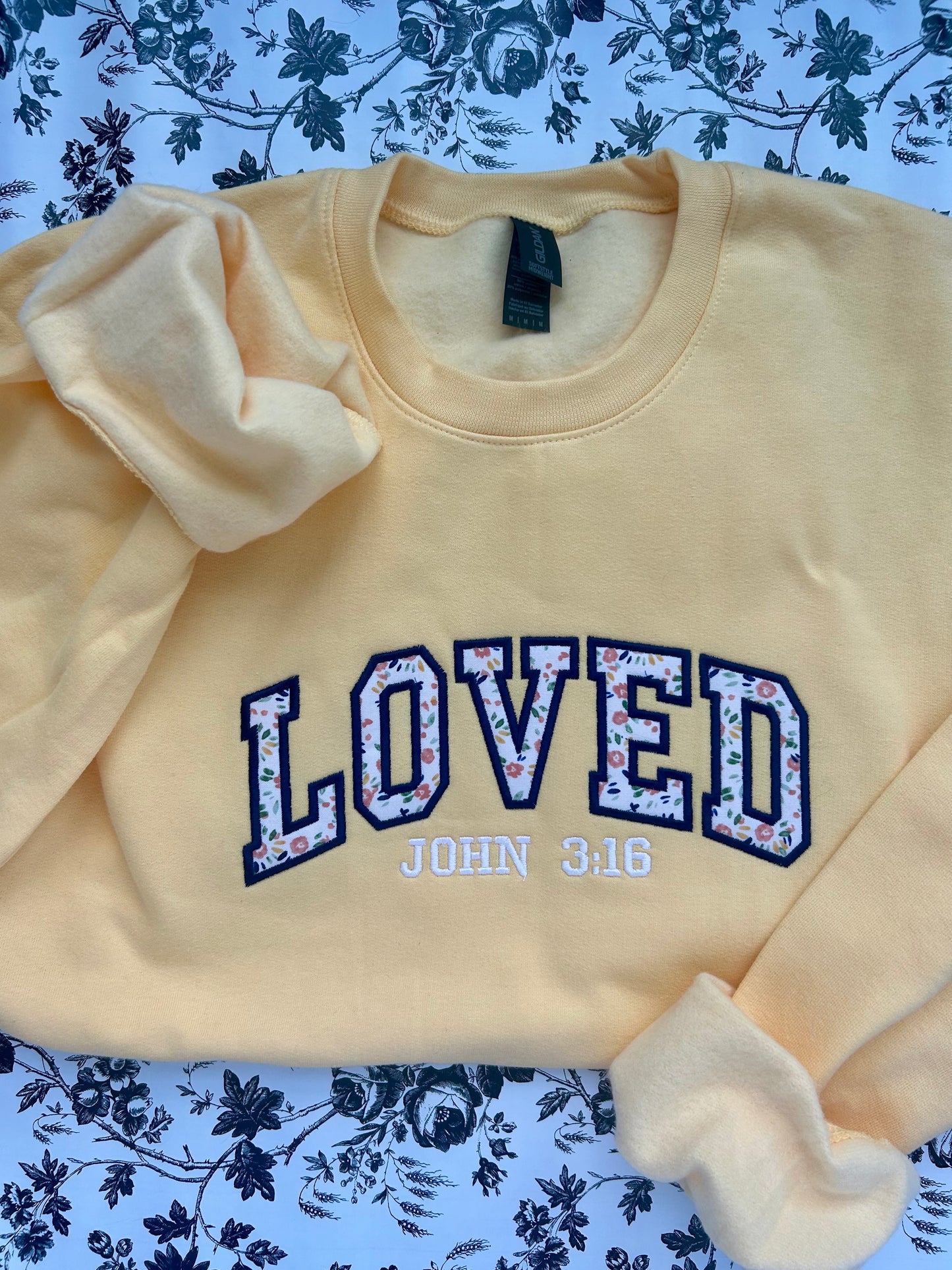 "LOVED John 3:16" floral Applique Embroidered Soft Style Gildan Crewneck Sweatshirt