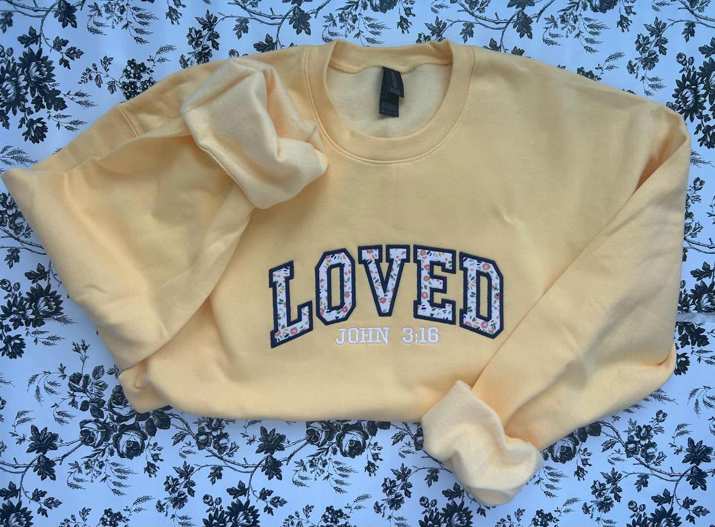 "LOVED John 3:16" floral Applique Embroidered Soft Style Gildan Crewneck Sweatshirt